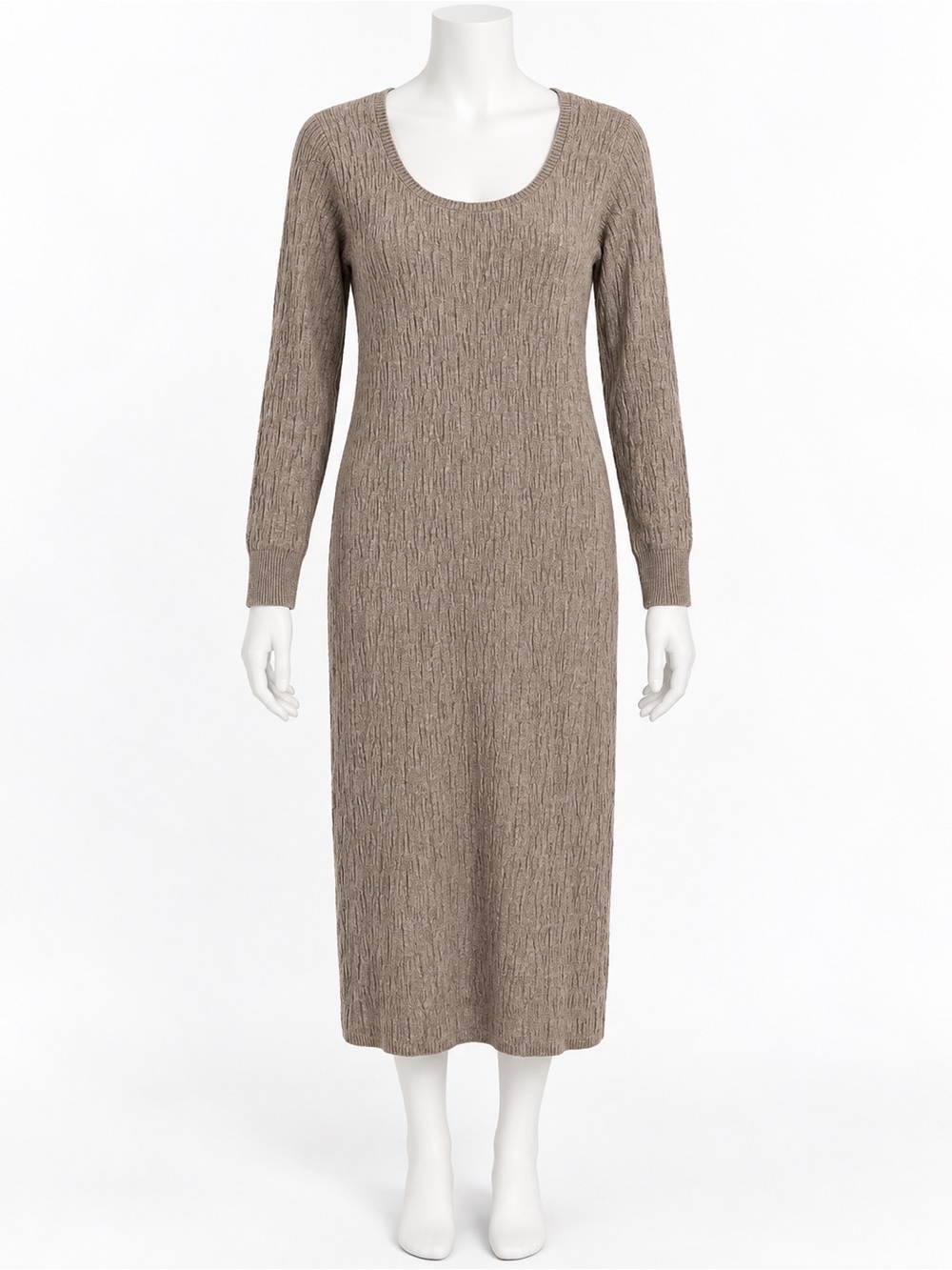 Universal Thread Taupe Ribbed Scoop-Neck Long Sleeve Midi Dress